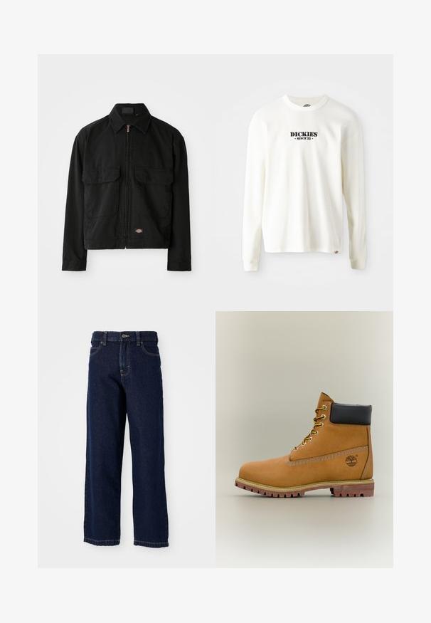 Sort bomuldsjakke med lynlås, spidse krave, to forreste klaplommer og logo patch ved kanten. Glat tekstur, afslappet design.; Hvid langærmet ribbet sweatshirt med et sort logo "DICKIES" med "SINCE '22" nedenunder, rund hals og manchetter.; Mørkeblå brede jeans lavet af denim med lige snit, fem-lomme design og afsluttende sting langs kanten.; Brun læderankelstøvle med sort krave, gule snørebånd og tanfarvet sål. Har logo og hvide syninger som detalje. Robust ydersål med greb.