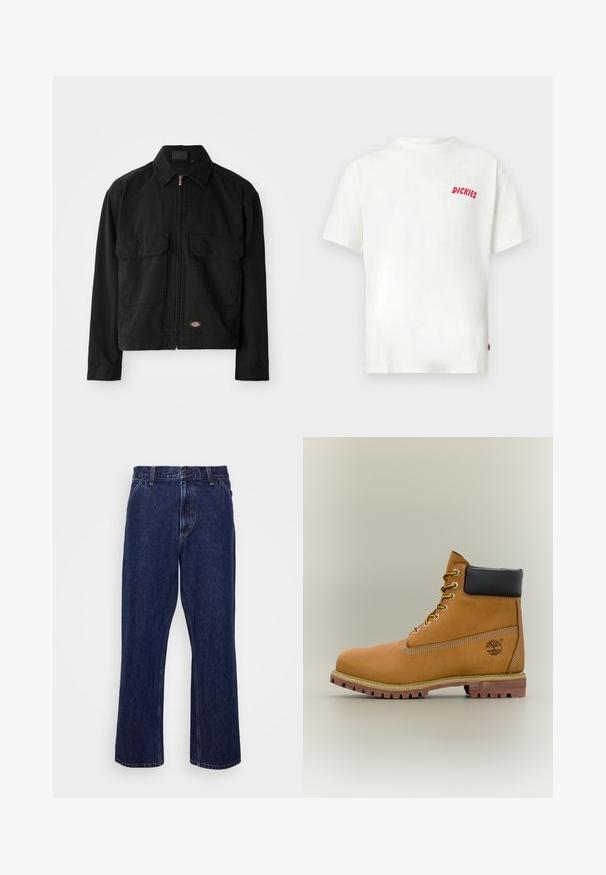 Zwarte katoenen jasje met een ritssluiting, puntkraag, twee voorzakken en een logo patch aan de zoom. Gladde textuur, casual ontwerp.; Wit katoenen T-shirt met korte mouwen, voorzien van een klein rood "DICKIES"-logo op het linkerborstgebied. Casual, ontspannen pasvorm.; Donkerblauwe denim jeans met een recht-uitlopende pasvorm, voorzien van een knoopsluiting, vijf zakken en subtiele stikseldetails.; Bruine leren enkellaars met zwarte kraag, gele veters en een zandkleurige zool. Voorzien van een logo en witte stikseldetails. Robuuste loopzool met grip.