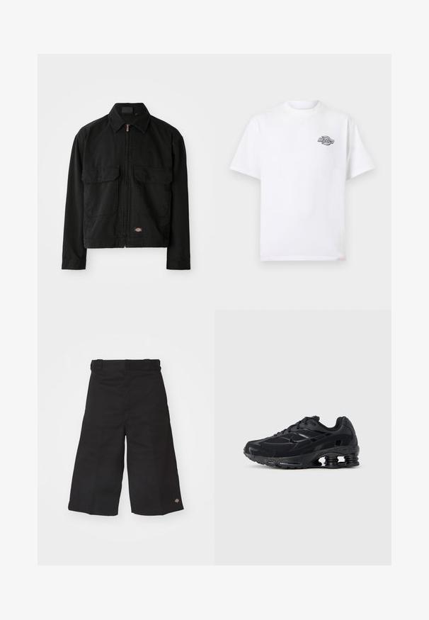 Zwarte katoenen jasje met een ritssluiting, puntkraag, twee voorzakken en een logo patch aan de zoom. Gladde textuur, casual ontwerp.; Witte T-shirt met korte mouwen en een klein zwart-wit Dickies-logo op de linkerborst, ronde hals, eenvoudig ontwerp.; Zwarte wijde shorts gemaakt van duurzaam materiaal. Heeft een gladde textuur en een klein logo op de zoom. Vier riemlusjes op de tailleband.; Zwarte sportieve schoen met een bovenwerk van mesh, een gevoerde kraag en opvallende dempingstechnologie bij de hiel. Heeft gestructureerde accenten en veters.