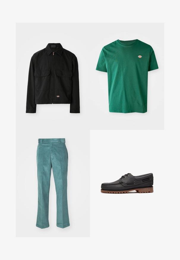 Chaqueta de algodón negra con cierre de cremallera, cuello de punta, dos bolsillos de parche en la parte frontal y parche con logo en el dobladillo. Textura suave, diseño casual.; Camiseta de algodón verde con cuello redondo, mangas cortas y un pequeño logotipo multicolor en el lado izquierdo del pecho. Textura suave, diseño casual.; Pantalones de pana color azul verdoso con un diseño de pierna recta, que presentan una textura suave, presillas para el cinturón y bolsillos laterales. Sin patrones ni herrajes visibles.; Zapato náutico de cuero negro con detalles de cordones, puntera redonda, suela de goma marrón texturizada y lados de cuero cosidos.