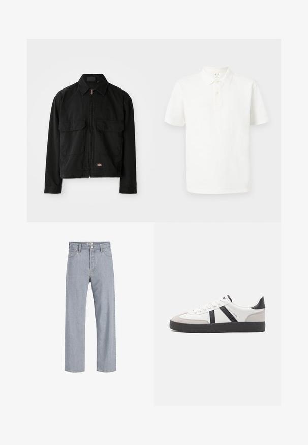 Veste en coton noir avec fermeture éclair, col classique, deux poches plaquées à l'avant et patch logo en bas. Texture lisse, design décontracté.; Chemise polo blanche en coton avec un col classique, des manches courtes, une patte de boutonnage à deux boutons et un tissu texturé subtil.; Jean en denim bleu clair avec une coupe décontractée,à jambe droite, coutures visibles, deux poches avant et fermeture par bouton.; Baskets blanches avec des accents noirs et gris, présentant un embout texturé gris, une semelle en caoutchouc noir et des lacets plats blancs. Design épuré, style minimaliste.