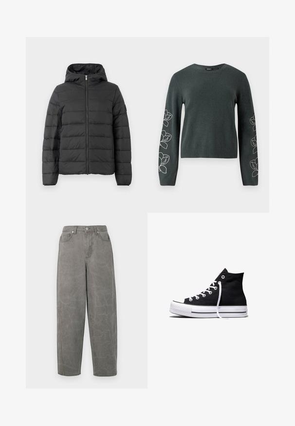 Sort pufferjakke med hætte, med en frontlynlås, horisontalt quiltet design og elastiske manchetter. Glat tekstur og let materiale.; Mørkegrøn strikket sweater med lange ærmer, prydet med hvide broderede blomsterdesigns langs ærmerne samt ribbet halsudskæring og kant.; Grå denimbukser med en afslappet pasform, høj talje, fem-lommers design og subtil falmning. Har lynlåsgylp og metalknaplukning.; Sort high-top canvas sneaker med hvid gummisål og hvide snørebånd, vist fra siden mod en hvid baggrund.
