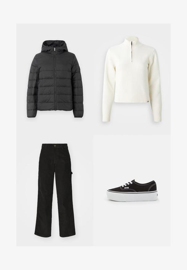 Sort pufferjakke med hætte, med en frontlynlås, horisontalt quiltet design og elastiske manchetter. Glat tekstur og let materiale.; Hvid, sweater med lynlås ved halsen og lange ærmer. Lavet af et blødt strikmateriale, med ribbede manchetter og kant. Diskret mærke-logo ved kanten.; Sorte kordfløjsbukser med et lige ben-design, der har en knaplukning og sidelommer. Glat tekstur med fine lodrette striber.; Sort lærred sneakers med en hvid gummi platform sål, der har hvide snørebånd og syninger, ikonisk branding på siden, lav-top design.