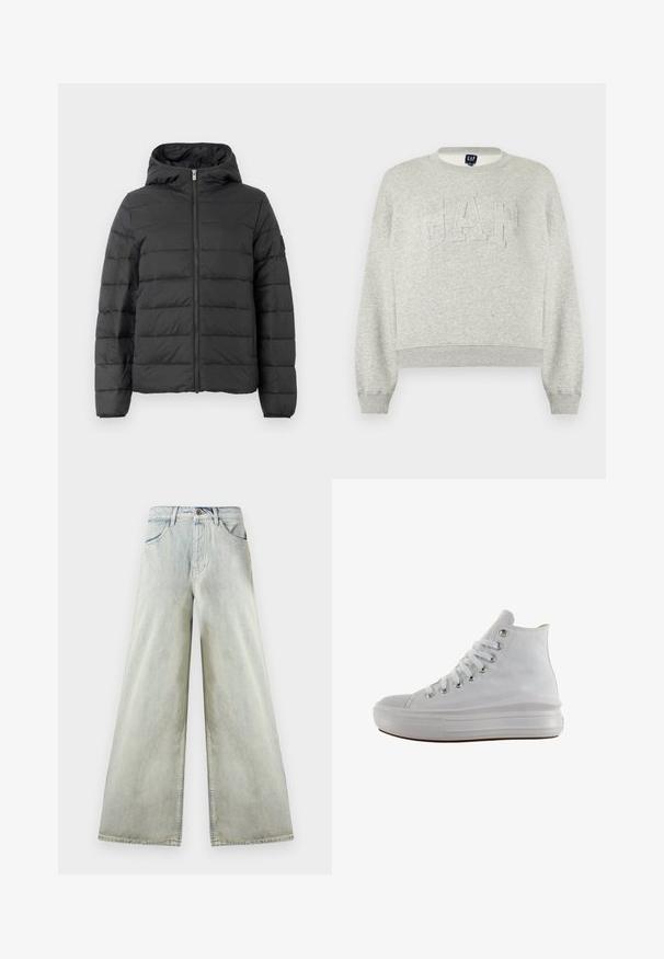 Sort pufferjakke med hætte, med en frontlynlås, horisontalt quiltet design og elastiske manchetter. Glat tekstur og let materiale.; Lysegrå crewneck-sweatshirt med "GAP" prægning over brystet, ribbede ærmeender og kant, vist på hvid baggrund.; Højtaljede, lyse, vidde-bens denimjeans med forlommer, bæltestropper og en brun knaplukning ved taljen.; Hvid højt canvas sneaksko med hvide snørebånd, metaløjer, tyk gummisål og tekstureret tåhætte, vendt mod venstre på en hvid baggrund.