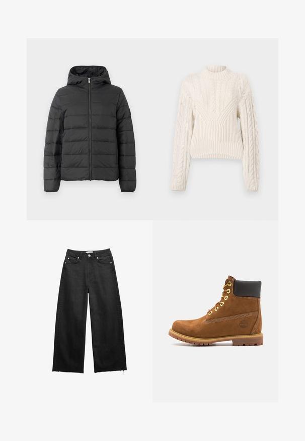 Sort pufferjakke med hætte, med en frontlynlås, horisontalt quiltet design og elastiske manchetter. Glat tekstur og let materiale.; Hvid strikket sweater med høj krave, der har indviklede kabelmønstre på ærmerne og kroppen, samt en cropped kant.; Sorte viddejeans i denim med fem-lomme-design, knap- og lynlåslukning samt rå, frynsede kanter.; Brun ruskinds ankelstøvle med sort polstret krave, gyldne øjer, snørebånd foran og gummisål med et struktureret mønster.