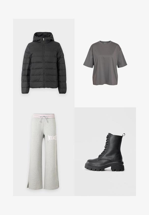 Sort pufferjakke med hætte, med en frontlynlås, horisontalt quiltet design og elastiske manchetter. Glat tekstur og let materiale.; Simpel grå T-shirt med korte ærmer og rund hals, med en afslappet pasform uden synlige logoer eller motiver.; Lysegrå sweatpants med vide ben, pink stribet linning, snor, sideslidser og hvid Nike-logo på venstre lår.; Sorte læder snørebåndsstøvler med en kraftig sål, rund tå og struktureret overdel. Har metaløjer og en lille trækflap bagpå.