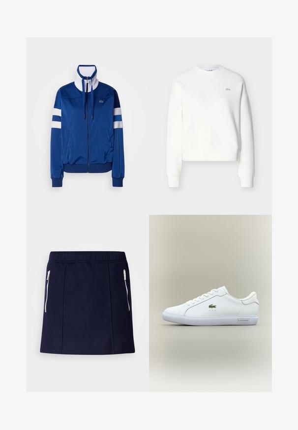 Blå polyester træningsjakke med høj krave, frontlynt og hvide accenter og striber. Feature et logo på venstre bryst.; Hvid cropped sweatshirt med rund halsudskæring, løs pasform og diskret logobroderi på brystet. Fremstillet af blødt, tekstureret stof.; Marineblå nederdel lavet af blødt stof, med hvide lynlåslommer, en tætsiddende design og en glat tekstur. Moderate længde til midten af låret.; Hvide sneakers med lav hæl og hvide snørebånd, grønt krokodille-logo på siden og "Lacoste" mærke på sålen mod en neutral baggrund.