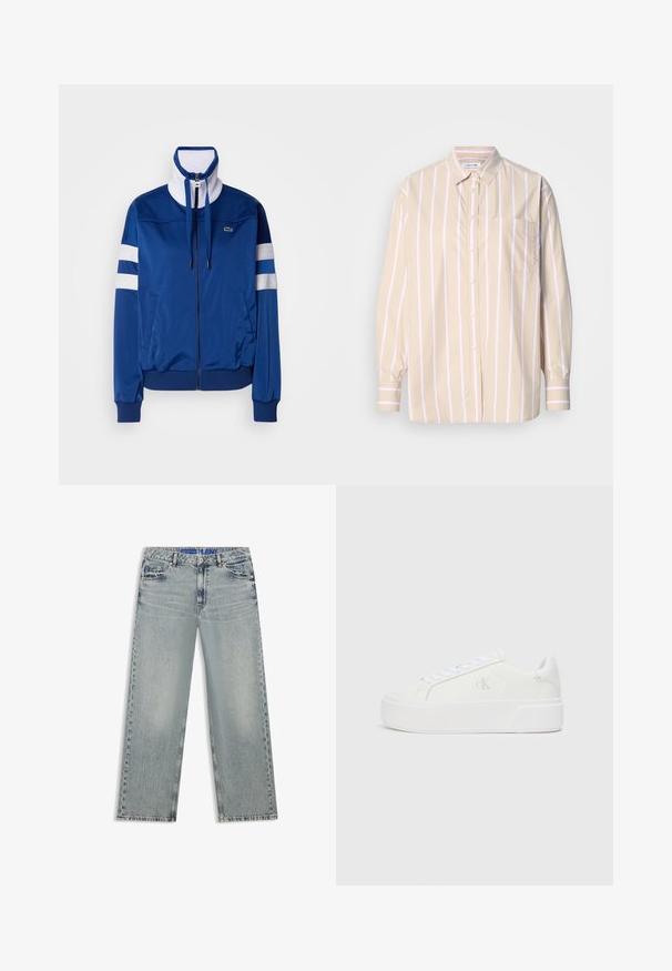 Blå polyester træningsjakke med høj krave, frontlynt og hvide accenter og striber. Feature et logo på venstre bryst.; Beige langærmet skjorte med rosa og hvide lodrette striber, knaplukning foran, klassisk krave, enkelt brystlomme og ærmer med manchet.; Lyseblå jeans med vide ben lavet af denim, med udvaskede områder, fem lommer og en blå mærket taljebånd.; Hvide platform sneakers med en glat læderoverdel, rund tå, hvide snørebånd og diskret logo-detalje på siden. Flad gummisål.