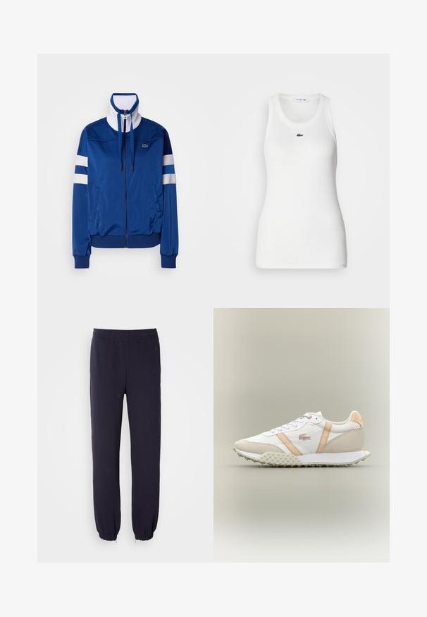 Blå polyester træningsjakke med høj krave, frontlynt og hvide accenter og striber. Feature et logo på venstre bryst.; Hvid ærmeløs tanktop med rund halsudskæring og ribbet tekstur. Har et lille grønt Lacoste krokodillelogo på brystet.; Marineblå sweatpants med elastisk talje og snoreforbundne nederste kanter. Fremstillet af blød stof med en glat tekstur, uden synlige mønstre eller udsmykninger.; Hvide og beige lavtop sneakers med tekstureret sål, snørebånd foran og beige sidestriber på neutral baggrund.