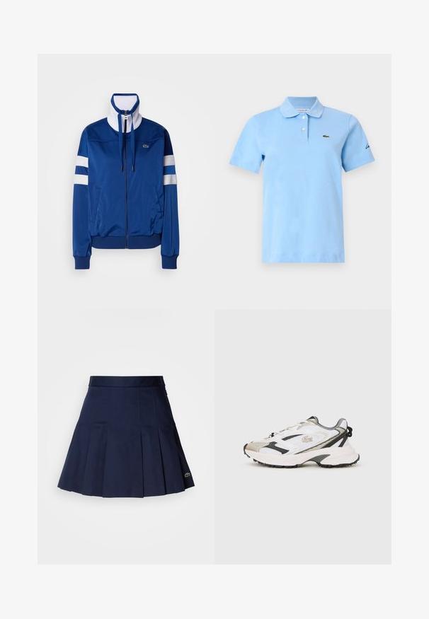 Blauwe polyester trainingsjacket met een hoge kraag, voormetaalrits, witte accenten en strepen. Bevat een logo op de linkerborst.; Lichtblauw poloshirt met korte mouwen, twee witte knopen, een zachte kraag en een klein groen krokodillenlogo op de linkerborst.; Marineblauwe plooienrok met een aangesloten tailleband, gemaakt van een soepele stof. Beschikt over een klein Lacoste-logo op de zoom.; Witte en grijze sneakers met een bovenwerk van mesh, zwarte accenten en een gestructureerde zool. Voorzien van veters, merkdistinties en contrasterende ontwerpelementen.