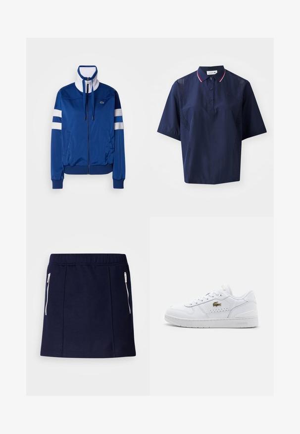 Blaues Polyester-Trainingsjackett mit hohem Kragen, Frontreißverschluss, weißen Akzenten und Streifen. Mit einem Logo auf der linken Brust.; Dunkelblaues kurzärmliges Poloshirt mit Knopfleiste, kontrastierendem Kragen mit roten und weißen Akzenten sowie perforierten Seitenteilen für Atmungsaktivität.; Navyblauer Rock aus weichem Stoff, mit weißen Reißverschlusstaschen, einem figurschmeichelnden Schnitt und einer glatten Textur. In knielanger Länge.; Weiße Leder-Sneaker mit einer glatten Oberfläche, runder Spitze, perforierter Seite für Atmungsaktivität und einem goldenen Lacoste-Logo auf der Außenseite.