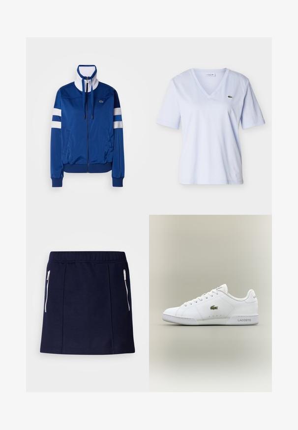 Blå polyester træningsjakke med høj krave, frontlynt og hvide accenter og striber. Feature et logo på venstre bryst.; Lyseblå kortærmet T-shirt med V-hals og en lille grøn krokodille-logo på venstre bryst, vist på en ensfarvet baggrund.; Marineblå nederdel lavet af blødt stof, med hvide lynlåslommer, en tætsiddende design og en glat tekstur. Moderate længde til midten af låret.; Hvide sportsko lavet af syntetisk læder, med et grønt broderet krokodillelogo, snørelukning og minimalistisk silhuet.