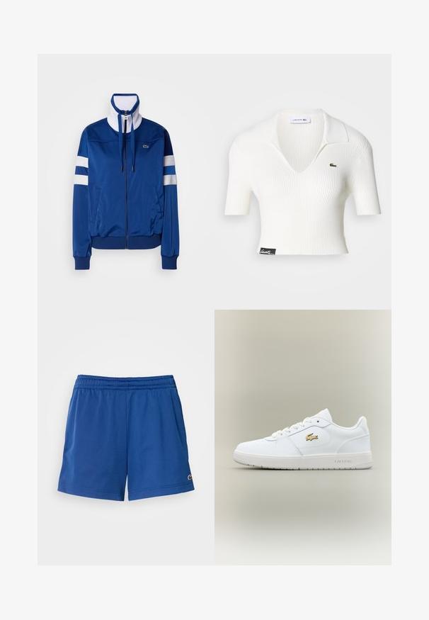 Blå polyester træningsjakke med høj krave, frontlynt og hvide accenter og striber. Feature et logo på venstre bryst.; Hvid ribbet cropped polo skjorte med V-udskæring, korte ærmer og et grønt Lacoste krokodillelogo på venstre bryst. Sort mærke ved kanten.; Blå atletiske shorts lavet af letvægtsstof med elastisk talje, der har sidelommer og et lille logo nær kanten.; Hvide lædersneakers med lavt design, rund tå, snøring og et guld Lacoste-logo som accent på siden.