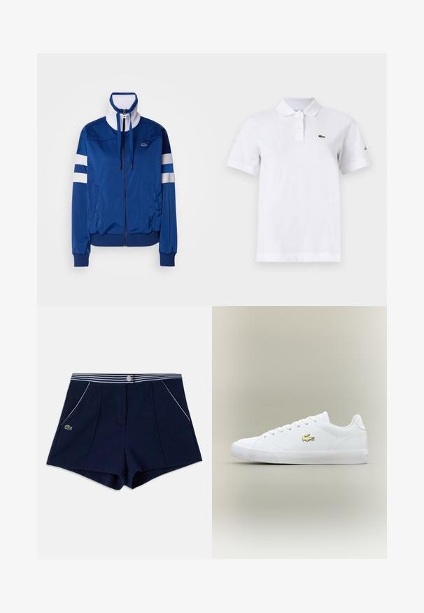 Blaues Polyester-Trainingsjackett mit hohem Kragen, Frontreißverschluss, weißen Akzenten und Streifen. Mit einem Logo auf der linken Brust.; Weißes Poloshirt mit kurzen Ärmeln, zwei Knöpfen, einem kleinen grünen Krokodil-Logo auf der linken Brust und einem dezenten schwarzen Logo auf dem linken Ärmel.; Marineblaue Shorts mit weiß gestreiftem Bund, vorderem Druckknopf, Seitentaschen mit weißem Besatz und kleinem grünem Krokodil-Logo auf der linken Seite.; Weiße Sneaker aus glattem Leder mit runder Zehenform, flachen Schnürsenkeln und einem kleinen goldenen Logo. Verfügt über eine strukturierte Gummisohle und ein schlichtes Design.