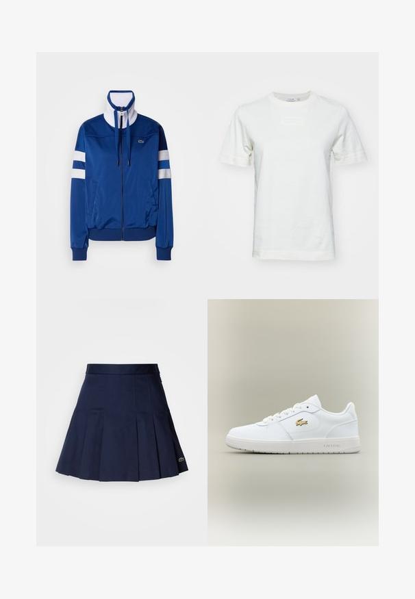 Blå polyester træningsjakke med høj krave, frontlynt og hvide accenter og striber. Feature et logo på venstre bryst.; Hvid bomulds t-shirt med korte ærmer, rund hals og et tekstureret "LACOSTE" logo på fronten. Glat stof med en regular fit.; Mørkeblå plisseret nederdel med en tætsiddende talje, lavet af et glat stof. Har et lille Lacoste-logo i kanten.; Hvide lædersneakers med lavt design, rund tå, snøring og et guld Lacoste-logo som accent på siden.
