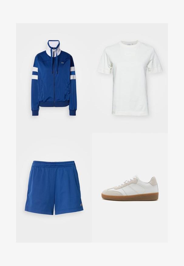 Blauwe polyester trainingsjacket met een hoge kraag, voormetaalrits, witte accenten en strepen. Bevat een logo op de linkerborst.; Witte katoenen t-shirt met korte mouwen, ronde hals en een gestructureerd "LACOSTE" logo op de voorkant. Gladde stof met een normale pasvorm.; Blauwe sportshorts gemaakt van lichtgewicht stof met een elastische tailleband, voorzien van zijzakken en een klein logo nabij de zoom.; Witte leren sneakers met beige suède accenten, een gestructureerde tong en een rubberen zool. Voorzien van witte veters en subtiele gestikte details.