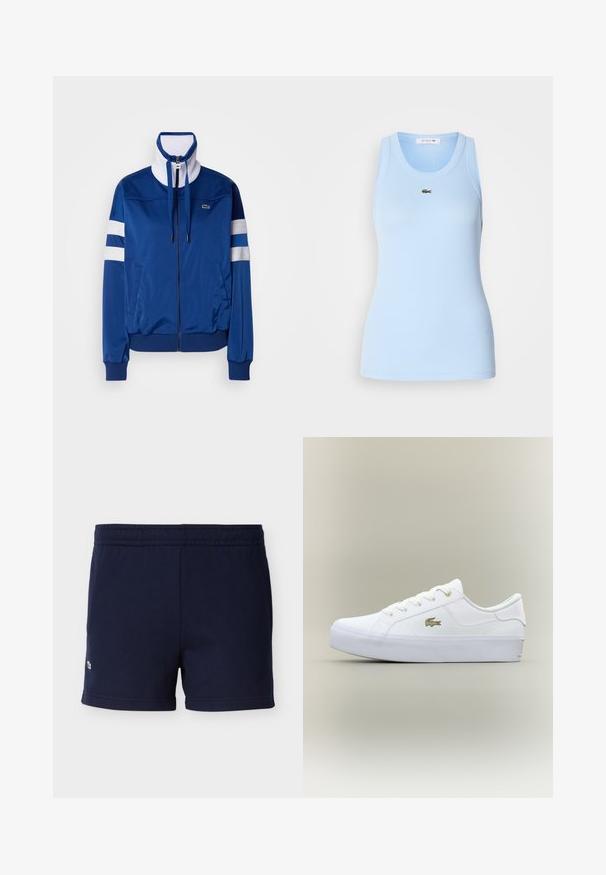 Blå polyester træningsjakke med høj krave, frontlynt og hvide accenter og striber. Feature et logo på venstre bryst.; Lys blå tanktop lavet af ribbet stof, med rund hals og et lille grønt Lacoste-logo på brystet. Glat tekstur.; Marineblå bomuldsshorts med elastisk talje og lille broderet logo nær nederste venstre kant, vist på en ensfarvet baggrund.; Hvide lavtop sneakers med tyk sål, snørebånd foran og lille guld krokodillelogo på siden.