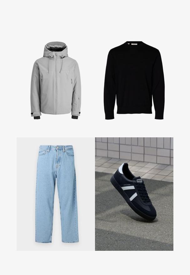 Veste isolante gris clair avec capuche, fermeture éclair à l'avant et poches zippées sur les côtés. Équipée de poignets ajustables et d'une texture lisse et résistante à l'eau.; Pull noir uni à manches longues avec col rond, poignets et ourlet côtelés, présenté sur fond blanc.; Jean taille haute bleu clair, coupe droite, avec cinq poches et une fermeture à bouton et zip à l'avant.; Sneaker en cuir noir avec des rayures blanches, semelle en caoutchouc texturée et devant à lacets. Présente une étiquette de marque sur la languette.