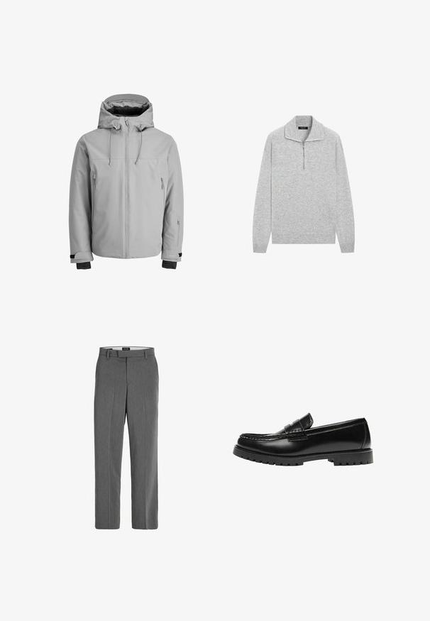 Veste isolante gris clair avec capuche, fermeture éclair à l'avant et poches zippées sur les côtés. Équipée de poignets ajustables et d'une texture lisse et résistante à l'eau.; Pull gris clair en maille avec manches longues, col à fermeture éclair quart et poignets et bas côtelés.; Pantalon gris avec une texture lisse, une coupe droite et un motif vertical subtil. Comprend des passants de ceinture et des poches avant et arrière.; Mocassin en cuir noir avec une semelle en caoutchouc épaisse et un détail classique de bride à monnaie, vu de côté extérieur.