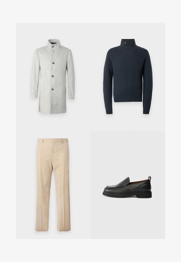 JOOP! MARON - Manteau classique - medium grey; Pull en maille bleu marine avec un col montant et quatre boutons, présentant une texture côtelée et des poignets et un ourlet ajustés.; Pantalon beige sur mesure avec passants pour ceinture, pli devant et fermeture éclair dissimulée, présenté sur un fond uni.; Chaussure slip-on en cuir noire avec un bout rond, un dessus texturé, des coutures rouges contrastantes et un petit talon. Présente une languette en boucle.