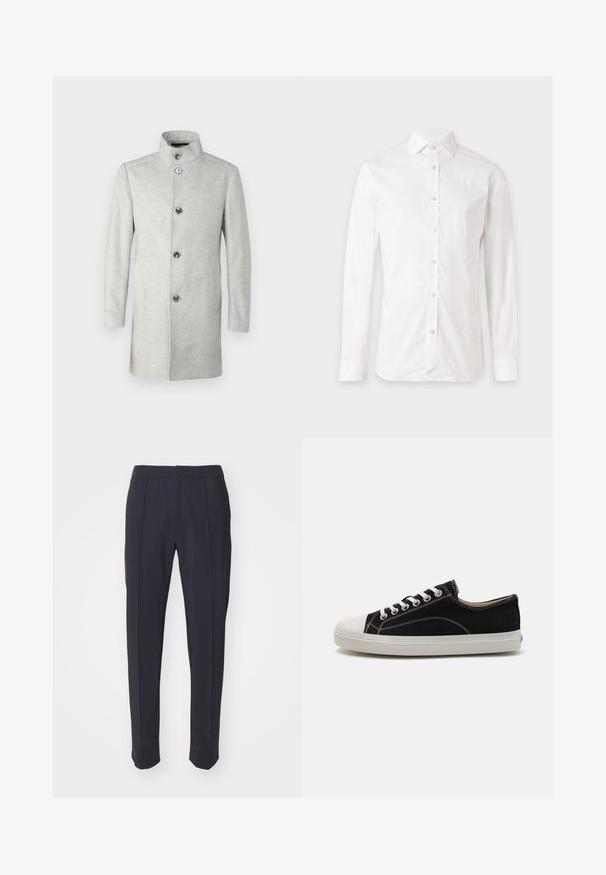 JOOP! MARON - Κλασικό παλτό - medium grey; Λευκό πουκάμισο με μακριά μανίκια και κουμπιά, με γιακά, εμφανίζεται σε απλό ανοιχτό φόντο.; Μπλε παντελόνι με κομψό σχέδιο, επίπεδο μπροστινό μέρος και δύο πιέτες μπροστά. Φτιαγμένο από λείο ύφασμα με κανονική μέση και κλείσιμο με κουμπί.; Μαύρα καμβά παπούτσια με λευκό καουτσούκ στη μύτη και τη σόλα, διαθέτουν λευκές κορδόνες και αντίθετη ραφή. Χαμηλού προφίλ σχέδιο.