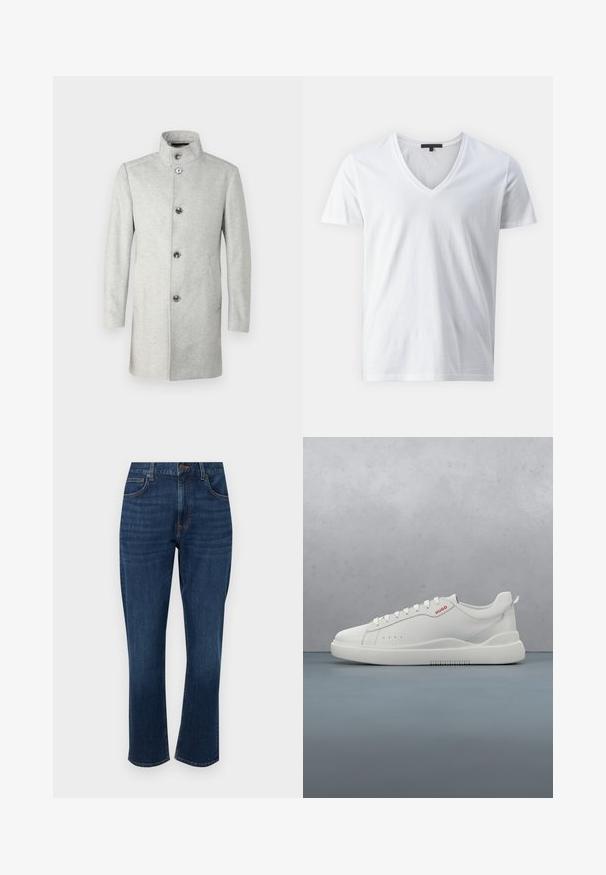 JOOP! MARON - Klassinen takki - medium grey; Valkoinen puuvillapaita, jossa on V-pääntie, lyhyet hihat ja sileä tekstuuri. Yksinkertainen, koristelematon tyyli.; Tummansininen farkkuhousut suoran lahkeen leikkauksella, viisi taskua, hillityt ompeluyksityiskohdat ja etupainike.; Valkoiset sneakerit, joissa on sileä nahkapinta, pyöreä kärki, neljä silmukkaa, huomaamattomat rei'itykset ja punainen logo yksityiskohta sivussa.