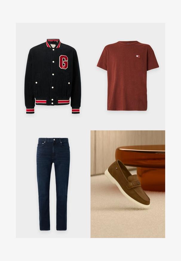 Veste bomber en velours côtelé bleu marine avec des accents en rouge et blanc, boutons-pression et un patch en feutre rouge "G" sur la poitrine gauche.; T-shirt en coton marron à manches courtes et col rond. Dispose d'un petit logo dans le coin supérieur gauche. Design simple, texture douce.; Jean en denim brut avec coupe droite. Il présente une fermeture à bouton classique, cinq poches et des détails de couture subtils.; Mocassin en daim marron avec semelle blanche et détail métallique, flottant au-dessus d'un tapis clair à côté d'un meuble rond marron brillant.