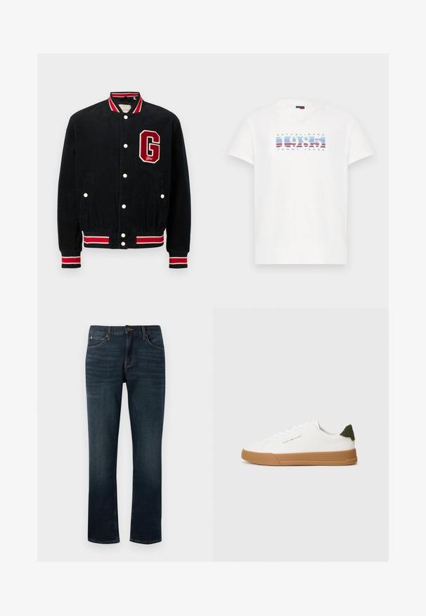 Veste bomber en velours côtelé bleu marine avec des accents en rouge et blanc, boutons-pression et un patch en feutre rouge "G" sur la poitrine gauche.; T-shirt blanc à manches courtes avec le texte "1985" et "Tommy Jeans" sur un fond à rayures bleues et rouges sur la poitrine.; Jean en denim bleu foncé avec une coupe droite. Les caractéristiques incluent une fermeture à bouton, cinq poches et des coutures contrastées le long des seams.; Sneaker blanc basse avec semelle en caoutchouc marron, onglet de talon vert et logo "Tommy Hilfiger" sur le côté.