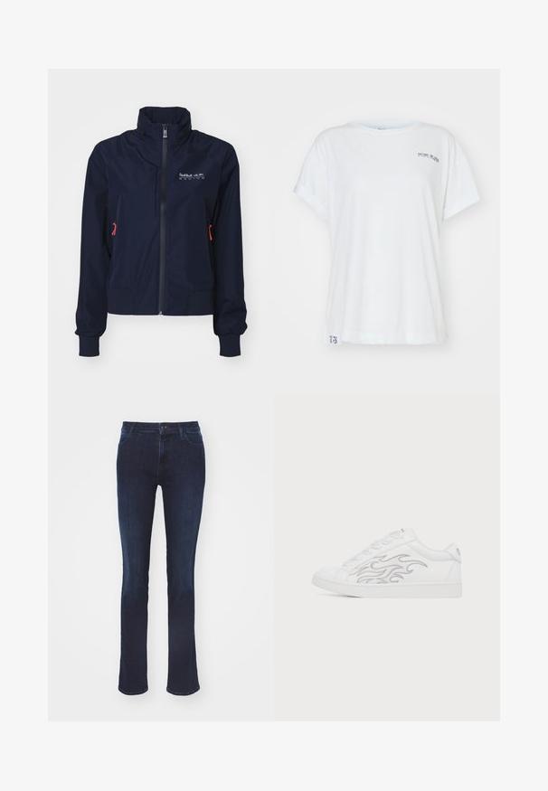 Marineblaue Windjacke mit hohem Kragen, vorderem Reißverschluss, elastischen Bündchen und roten Hardware-Details. Logo auf der oberen linken Brustseite.; Weißes Baumwoll-T-Shirt mit gerollten Ärmeln, Rundhalsausschnitt, mit einem kleinen grauen Logoaufdruck auf der Vorderseite und einer numerischen Angabe am Saum.; Schmal geschnittene dunkelblaue Denim-Jeans mit glatter Textur, geradem Bein, fünf Taschen und Knopfverschluss an der Taille.; Weißer Sneaker mit niedrigem Schaft, silbernem Flammendesign an der Seite und weißen Schnürsenkeln auf schlichtem weißem Hintergrund.