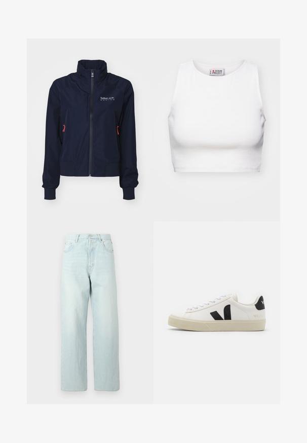 Tumed sinine tuulekindel jakk, millel on kõrge kaelus, eesmine lukku, elastsed mansetid ja punased detailid. Logo vasakul üleval rinnal.; Valge lühikeste varrukatega crop tank top, mis on valmistatud soonikkangast. Omab ümarat kaelust ja laiu käeauke. Sildil on nähtav "Denim Project" brändi märge.; Hele sinine laia säärega teksapüksid kõrge vöökohaga, millel on viis taskut, nööpidega kinnis ja õrn pleekimine.; Valge nahast teniseking, millel on must kummist V logo. Tekstuuriga heledat valget värvi tald, valged paelad ja tagakanna detail, millel on brändinimi mustas kirjas.