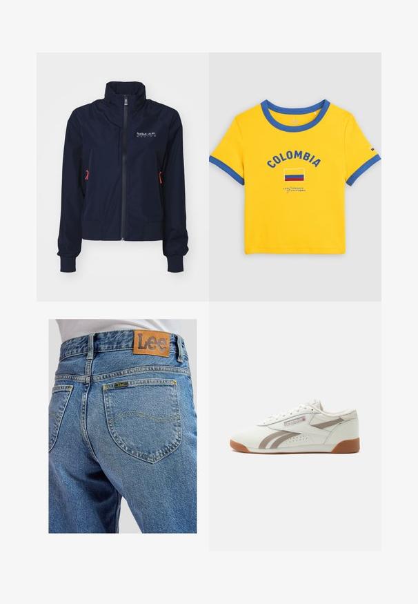 Chaqueta cortavientos azul marino con cuello alto, cremallera frontal, puños elásticos y detalles en rojo. Logo en la parte superior izquierda del pecho.; Camiseta amarilla de manga corta con ribete azul, texto "COLOMBIA", gráfico de la bandera colombiana y marca Levi Strauss of California en la parte delantera.; Jeans de mezclilla azul con bolsillos traseros que presentan costuras amarillas y un parche de cuero marrón de la marca Lee en la cinturilla.; Zapatilla blanca de corte bajo con detalles en rayas gris claro, suela de goma y logo de Reebok con bandera del Reino Unido en el lateral, mostrada sobre un fondo liso.