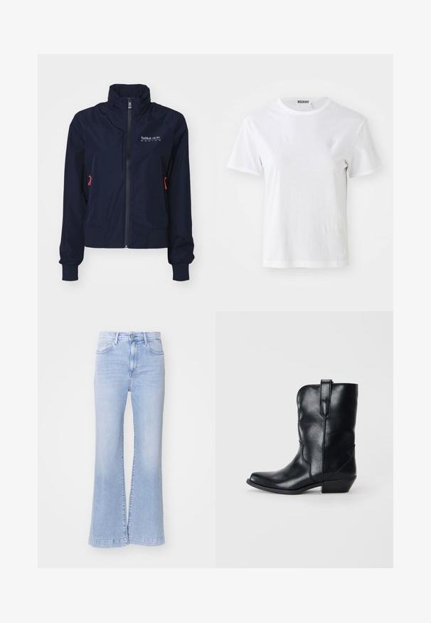Chaqueta cortavientos azul marino con cuello alto, cremallera frontal, puños elásticos y detalles en rojo. Logo en la parte superior izquierda del pecho.; Camiseta blanca de manga corta hecha de una tela suave. Cuenta con un escote redondo y un corte recto, con una etiqueta en el cuello interior.; Jeans de campana de color azul claro con cintura alta, textura de denim, bolsillos frontales y cierre con botones. Acabado limpio en el dobladillo.; Bota de vaquero de cuero negro con punta afilada, altura a mitad de pantorrilla, costuras decorativas y un pequeño tacón. Presenta una cinta para facilitar su colocación.