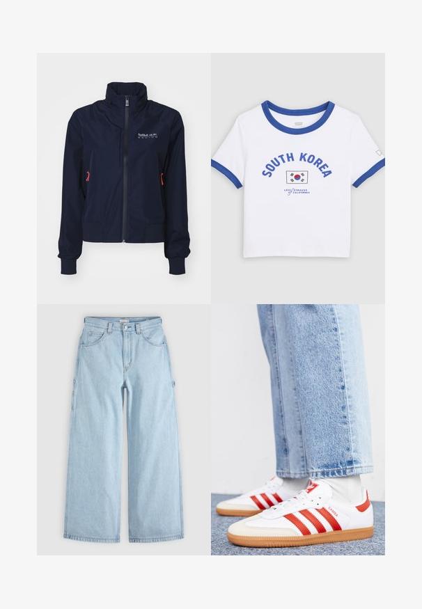 Marineblaue Windjacke mit hohem Kragen, vorderem Reißverschluss, elastischen Bündchen und roten Hardware-Details. Logo auf der oberen linken Brustseite.; Weißes T-Shirt mit kurzen Ärmeln mit blauem Kragen und Bündchen, mit der Aufschrift „SOUTH KOREA“, der südkoreanischen Flagge und dem Levi Strauss California-Logo.; Hellblaue Jeans mit weitem Bein, vorderen Taschen, Gürtelschlaufen und seitlichen Werkzeugtaschen-Schlaufen, flach auf grauem Hintergrund liegend.; Weiße Leder Sneaker mit roten Streifen und Akzenten. Verfügt über eine strukturierte Gummi-Laufsohle und einen gepolsterten Schaft. Tragen mit hellblauer Jeans.