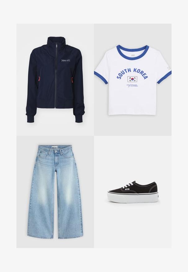 Marineblaue Windjacke mit hohem Kragen, vorderem Reißverschluss, elastischen Bündchen und roten Hardware-Details. Logo auf der oberen linken Brustseite.; Weißes T-Shirt mit kurzen Ärmeln mit blauem Kragen und Bündchen, mit der Aufschrift „SOUTH KOREA“, der südkoreanischen Flagge und dem Levi Strauss California-Logo.; Hellblaue, hoch taillierte, weit geschnittene Jeans mit vorderen Taschen, Gürtelschlaufen und ausgebleichten Stellen an den Oberschenkeln, flach auf hellem Hintergrund liegend.; Schwarze Leinensneaker mit einer weißen Gummiplattformsohle, weißen Schnürsenkeln und Nähten, ikonischer Markenaufdruck an der Seite, im Low-Top-Design.