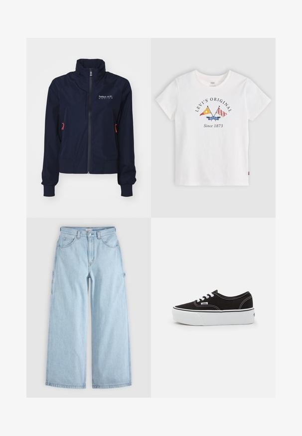 Marineblaue Windjacke mit hohem Kragen, vorderem Reißverschluss, elastischen Bündchen und roten Hardware-Details. Logo auf der oberen linken Brustseite.; Weißes Levi's T-Shirt mit kurzen Ärmeln, gekreuzten gelben und roten Flaggen und dem Text "Levi's Original Since 1873" in der vorderen Mitte.; Hellblaue Jeans mit weitem Bein, vorderen Taschen, Gürtelschlaufen und seitlichen Werkzeugtaschen-Schlaufen, flach auf grauem Hintergrund liegend.; Schwarze Leinensneaker mit einer weißen Gummiplattformsohle, weißen Schnürsenkeln und Nähten, ikonischer Markenaufdruck an der Seite, im Low-Top-Design.