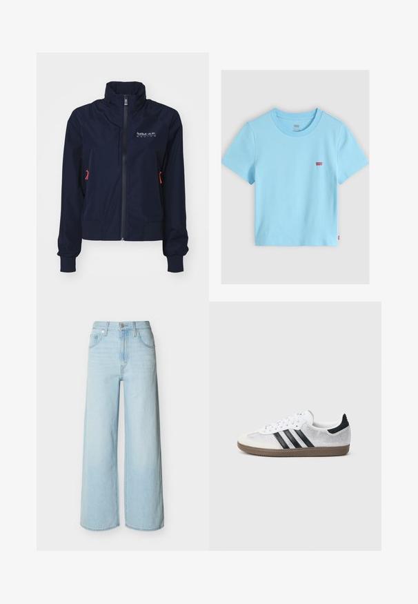 Tumed sinine tuulekindel jakk, millel on kõrge kaelus, eesmine lukku, elastsed mansetid ja punased detailid. Logo vasakul üleval rinnal.; Helehall sinise lühikeste varrukatega Levi's t-särk ümmarguse kaelusega ja vasakul rinnal väikese punase Levi's logoga, monokroomselt taustalt.; Hele sinised laiad teksapüksid, esiküljel nööbi- ja tõmblukuga, vööaugud ja klassikaline viie taskuga disain.; Valged võrgust tennised mustade triipude, beežide seemisnahast varbakatte ja kannaaktsendiga, tekstureeritud kummist tallaga ja valgete paeltega. Klassikalise madala lõikega disain.