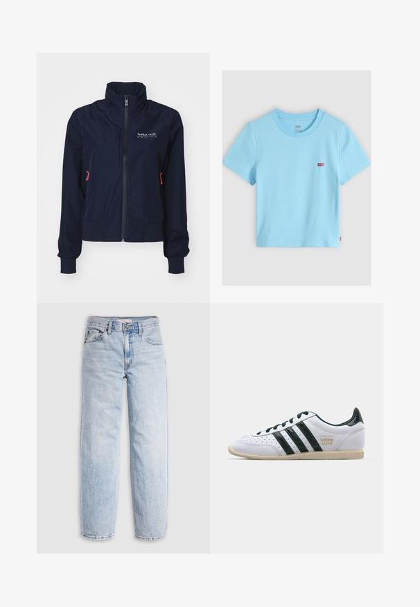 Tumed sinine tuulekindel jakk, millel on kõrge kaelus, eesmine lukku, elastsed mansetid ja punased detailid. Logo vasakul üleval rinnal.; Helehall sinise lühikeste varrukatega Levi's t-särk ümmarguse kaelusega ja vasakul rinnal väikese punase Levi's logoga, monokroomselt taustalt.; Hele sinised teksapüksid kõrge vöökohaga, mugava lõikega, sirgete säärega ja klassikalise viie-taskuga disainiga. Nähtavad pleekimised ja õmbluste detailid.; adidas Originals JAPAN - Tossud - footwear white/collegiate green/aurora ivy