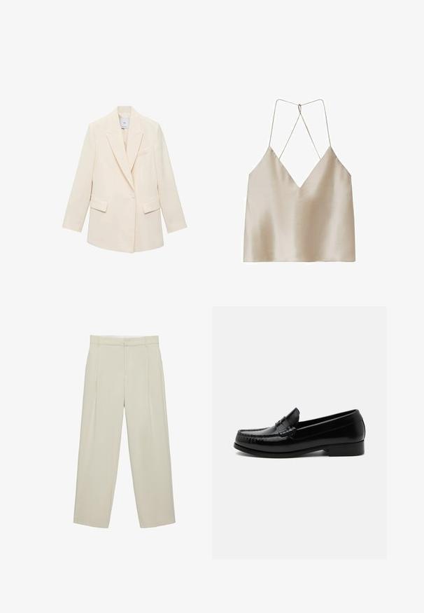 Blazer beige ajusté avec fermeture à un bouton, revers crantés, deux poches avant et une silhouette épurée. Tissu lisse et texturé.; Camisole en satin beige avec un décolleté en V profond et de fines bretelles spaghetti croisées dans le dos.; Pantalon beige taille haute cintré avec poches latérales, passants de ceinture et fermeture éclair devant, coupe droite.; Mocassin penny en cuir noir avec talon bas, coutures moc toe et design classique à enfiler sur fond blanc.