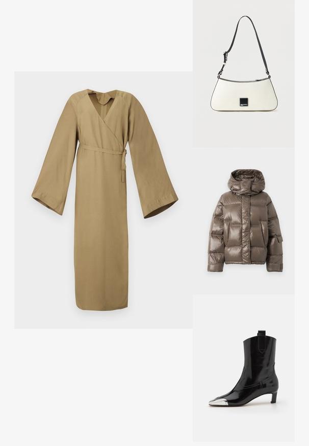 Veste rembourrée marron avec un col haut, présentant une finition brillante, de grandes poches avant et une coupe légèrement oversize.; Longue robe beige portefeuille avec manches larges et ceinture fine nouée à la taille, présentée sur fond blanc uni.; ALOHAS SHIMMER BICOLOR BOOTS - Bottines - black/silver; Sac à épaule trapèze blanc avec bordure noire, sangle noire réglable et petite étiquette noire avec logo en texte blanc au centre devant.