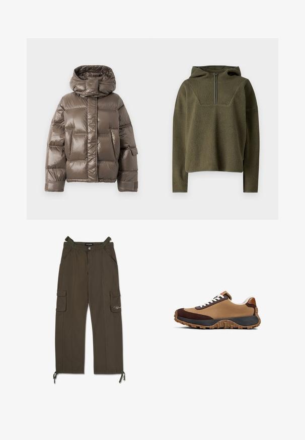 Bruine gewatteerde jas met een hoge kraag, voorzien van een glanzende afwerking, grote voorzakken en een licht oversized pasvorm.; Olijfgroene fleece pullover met capuchon, halve ritssluiting aan de voorkant, textuurstof en contrasterende afwerking aan de onderrand en manchetten.; Olijfgroene cargo pants gemaakt van lichtgewicht stof, met twee zijzakken, twee cargozakken en verstelbare koorden bij de enkels.; Sneaker met een tan textiel bovenwerk, donkerbruine suède accenten, witte veters en een zwart en tan patroon rubberen zool.