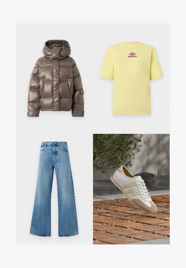 Veste rembourrée marron avec un col haut, présentant une finition brillante, de grandes poches avant et une coupe légèrement oversize.; T-shirt jaune à manches courtes avec texte violet centré sur la poitrine indiquant "C'EST MIEUX À STIEGLITZ" sur fond gris clair.; Jean en denim léger bleu clair à taille haute, muni de poches avant, d'une fermeture à bouton et de détails de décoloration subtils.; Baskets en cuir blanc et beige avec lacets flottant au-dessus d'une surface en blocs de bois et galets, avec un arrière-plan flou de verdure et de béton.