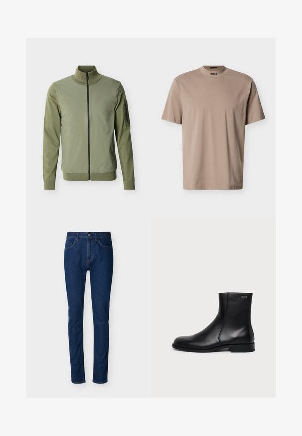 Veste homme vert olive avec fermeture éclair frontale complète, col montant, manches tricotées et poche zippée sur le bras supérieur gauche.; T-shirt beige à manches courtes avec un col rond haut et le logo "BOSS" sur le col. Fabriqué en tissu doux avec une texture lisse.; Jean en denim bleu foncé à coupe slim, design à cinq poches, coutures visibles et fermeture par bouton à la taille. Texture lisse.; Bottine en cuir noir à talon bas, couture latérale et petit logo "HUGO" sur le revers supérieur sur un fond uni.