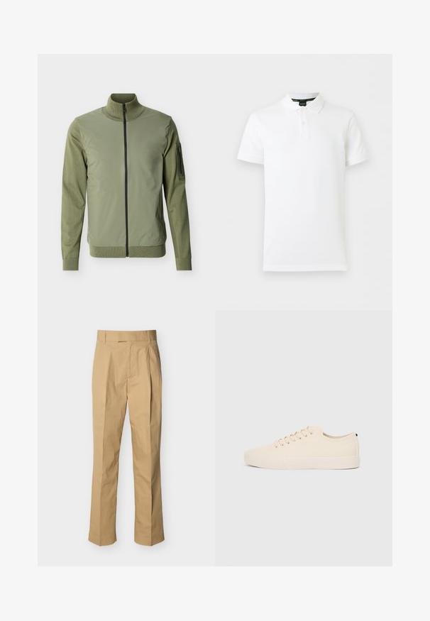Veste homme vert olive avec fermeture éclair frontale complète, col montant, manches tricotées et poche zippée sur le bras supérieur gauche.; Polo blanc à manches courtes avec col et patte à deux boutons, présentant un logo subtil sur le côté gauche de la poitrine.; Pantalon beige en coton lisse à taille haute, avec des plis à l'avant et des jambes droites. Aucun équipement visible ni motifs.; Baskets en toile beige avec bout arrondi, semelle en caoutchouc plate et lacets à l'avant. Présente un design minimaliste et un accent noir contrastant au niveau du talon.