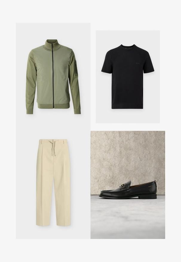 Veste homme vert olive avec fermeture éclair frontale complète, col montant, manches tricotées et poche zippée sur le bras supérieur gauche.; T-shirt noir à manches courtes et col rond avec des panneaux texturés subtils et un petit logo embossé « BOSS » sur la poitrine gauche.; Pantalon beige droit avec passants pour ceinture et nouage à l'avant, présentant un design épuré et ajusté ainsi qu'un tissu texturé.; Mocassin en cuir noir avec mors en métal doré et logo "HUGO", présenté sur un tapis beige et un meuble translucide marron.