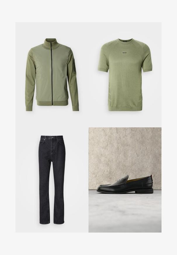 Veste homme vert olive avec fermeture éclair frontale complète, col montant, manches tricotées et poche zippée sur le bras supérieur gauche.; Chemise en maille vert olive à manches courtes avec col ras du cou et logo "BOSS" centré sur la poitrine.; Jean en denim noir taille haute avec fermeture à bouton et à glissière, poches avant et arrière, et coupe droite.; Mocassin pour homme en cuir noir avec un dessus embossé effet croco et un petit talon, présenté de profil sur un fond neutre.