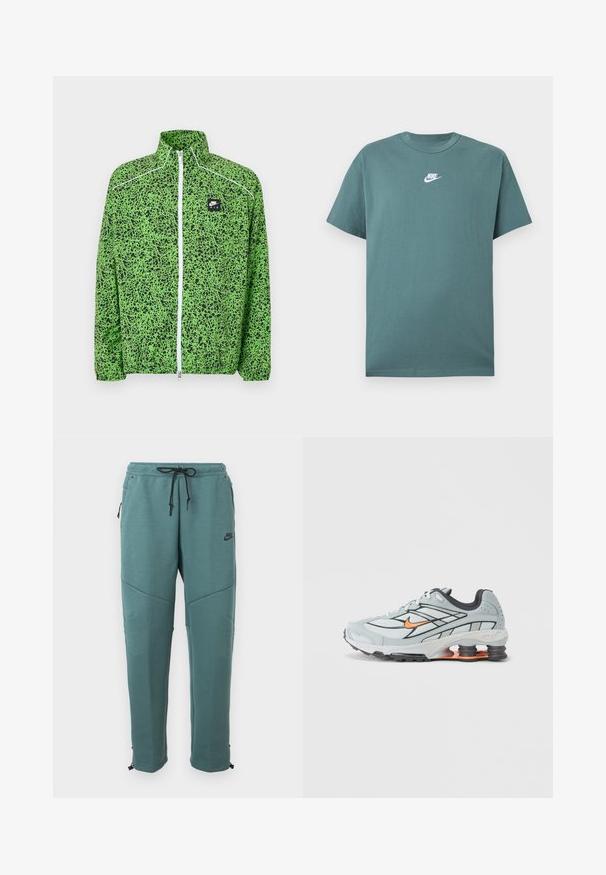 Grøn og sort mønstret Nike Air jakke med fuld lynlås, høj krave og hvide lynlåsdetaljer.; Grøn Nike T-shirt med korte ærmer, hvidt logo centreret på brystet, rund hals og afslappet pasform.; Dæmpede blågrønne Nike joggingbukser med sort snøre i taljen, sidelommer med lynlås, detaljerede knæpaneler og afsmalnede ben med justerbare manchetter.; Lyst grå løbesko med sorte detaljer, orange logo, mesh-overdel, polstret krave og gummisål med synlige stødabsorberende enheder.