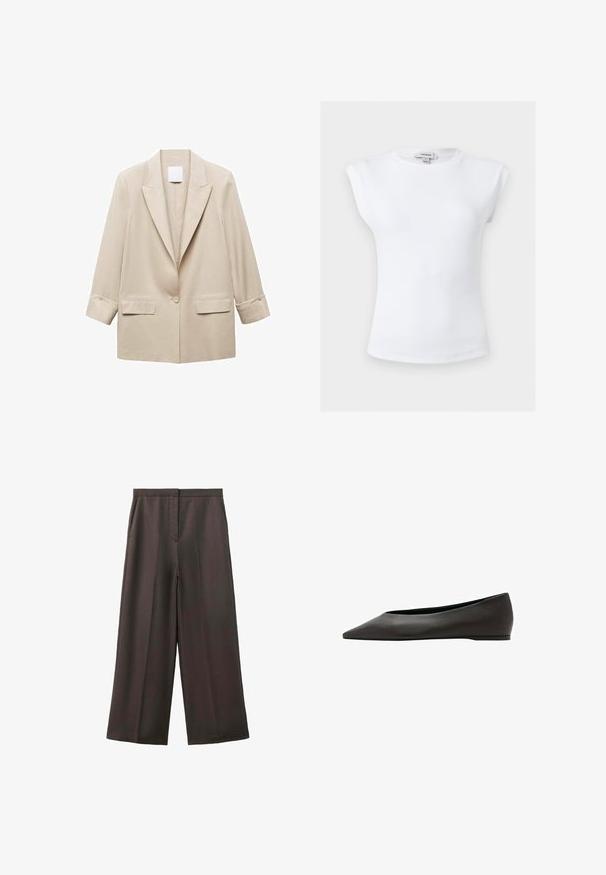 Beige Blazer mit einem Knopf, mit Reverskragen, zwei Klappentaschen und Ärmeln bis zur Handgelenkslänge mit knöpfbaren Manschetten.; Weißes, geripptes ärmelloses Top mit gepolsterten Schultern und Rundhalsausschnitt, Größe klein, mit Topshop-Label innen am Kragen.; Dunkelbraune weite Hose mit Seitentaschen und einem verdeckten Frontverschluss, auf weißem Hintergrund dargestellt.; Schwarzer, spitz zulaufender Flachschuh mit niedrigem Absatz und glattem Lederobermaterial, seitlich auf weißem Hintergrund abgebildet.