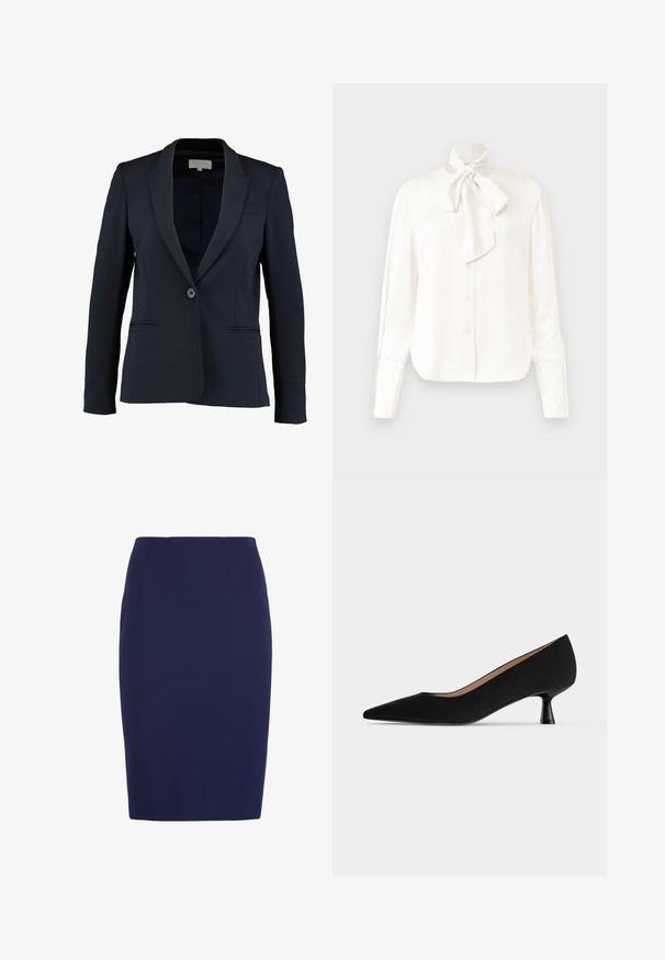 Blazer náutico con solapa de muesca, cierre de botón simple y dos bolsillos frontales. Tejido suave y corte entallado.; Blusa blanca de manga larga en una tela ligera con un alto cuello y un gran lazo en el cuello, con cierre delantero de botones.; Falda lápiz azul marino hasta la rodilla con cintura ajustada y sutiles detalles de costuras verticales.; Zapato de salón negro para mujer con tacón bajo, puntera puntiaguda, tacón kitten delgado y acampanado y acabado mate y suave, mostrado de perfil.