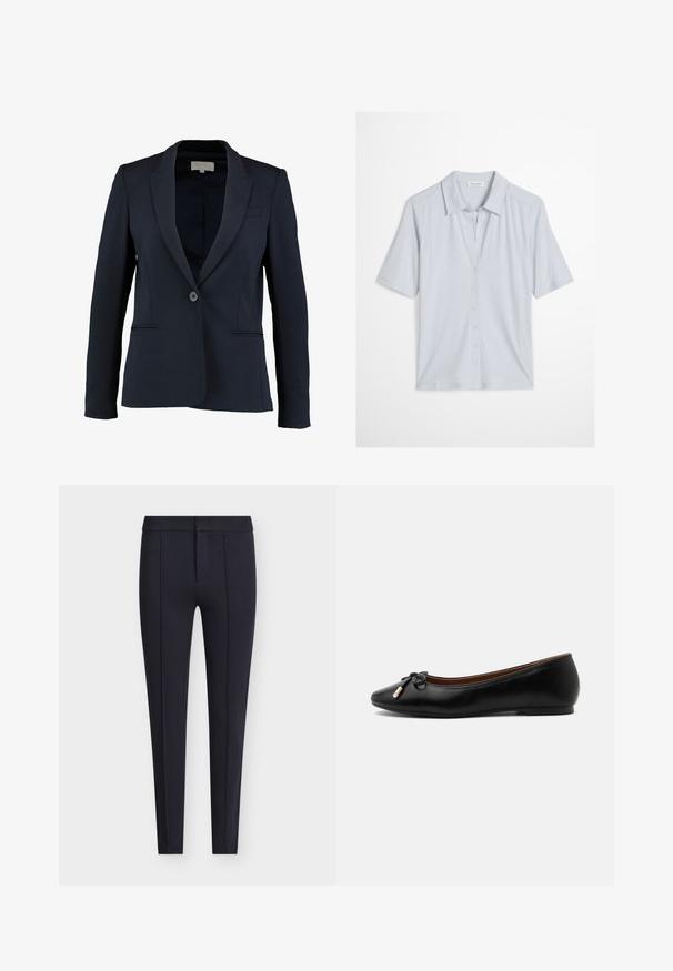 Blazer náutico con solapa de muesca, cierre de botón simple y dos bolsillos frontales. Tejido suave y corte entallado.; Camisa azul claro de manga corta con botones, cuello puntiagudo y cintura ajustada, mostrada sobre un fondo blanco.; Pantalones entallados azul marino hechos de tela suave, con una silueta ajustada, pliegues delanteros y cierre con cremallera oculta y botón.; Zapato bailarín plano de cuero negro con punta redondeada, pequeño lazo con extremos dorados y un tacón bajo y plano sobre fondo gris.