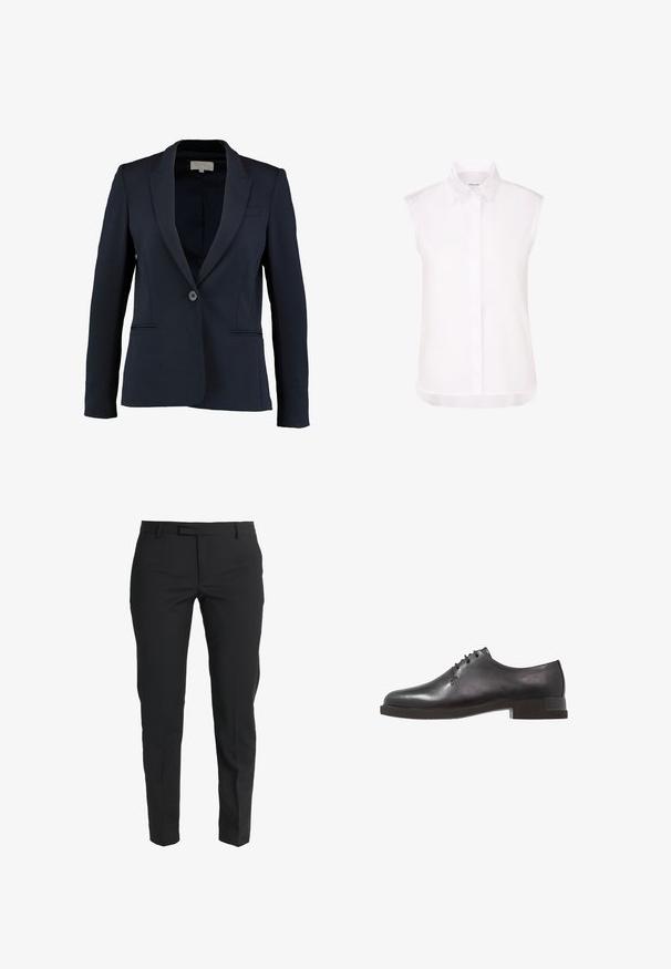 Marineblazer met een geknipt revers, enkele knoopsluiting en twee voorzakken. Gladde stof en getailleerde pasvorm.; Mouwloze witte blouse met knopen, voorzien van een spitse kraag en een verborgen knoopsluiting, afgebeeld tegen een effen witte achtergrond.; Zwarte op maat gemaakte broeken van gladde stof, met een slim fit, rechte benen, zijzakken en een vlakke voorkant met een ritssluiting.; Zwarte leren dressshoe met een gladde afwerking, ronde neus en lage blokhak, met minimale vetersluiting voor een gestroomlijnde uitstraling.